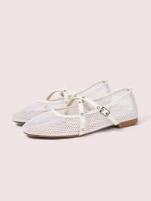 CUCCOO DOLLMOD A Pair Of White Stylish Elegant Mary Jane Flats, Mesh Breathable Ballet Round Toe Flats, Buckle Straps - Chantilly - View 2