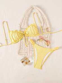 Swim Mod 春/夏波點印花比基尼泳衣女款，性感海灘度假泳裝，雙肩帶設計 - 黃色 - 查看 3