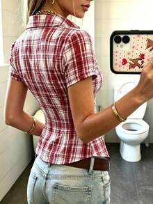 IslaSuriya 女士 Polo 领短袖修身衬衫 - 酒紅色 - 查看 2