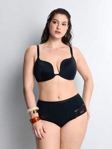 Slumbrini Plus Size Women Sexy Black Lingerie, Casual Comfortable Minimalist Racerback Bra, Deep V Sexy Knit Bra - Black - View 4