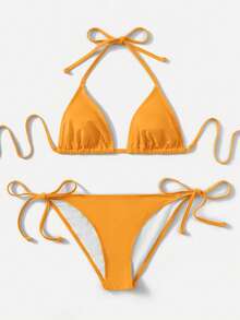 SHEIN Swim Summerbeach Women's Solid Color Halter Tie Top And Bottom Bikini Set - Orange - View 1
