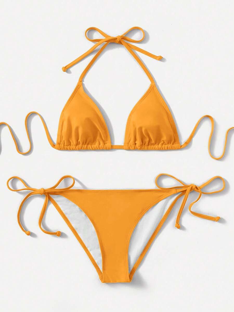 SHEIN Swim Summerbeach Women's Solid Color Halter Tie Top And Bottom Bikini Set - Orange - View 1
