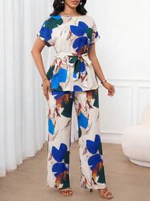 SHEIN Lady 女款葉脈印花腰部打結上衣與長褲休閒日常兩件套 - 藍色 - 查看 3