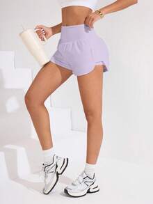 SHEIN Sovereign Charm Celana Pendek Olahraga Wanita Warna Polos dengan Kantong di Pinggang - Mauve Purple - View 4