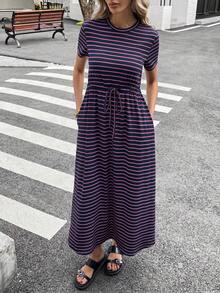 SHEIN Essnce Damen Große Größen Sommer Lässig Gestreiftes Kurzarm Kleid zum Ausgehen & Abschluss - Verschiedenfarbig - Übersicht 6