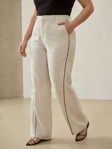 MOTF PREMIUM PLUS SIZE WOMEN'S LINEN CONTRAST PIPING STRAIGHT LEG PANTS FALL - Apricot - View 4