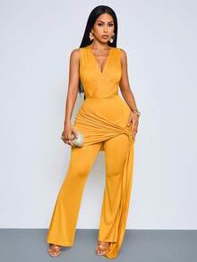 SOLERSUN Women Solid Yellow Deep V Neck Bodycon Jumpsuit, Sleeveless Wrap Ruched Side Drape High Rise Flared Leg Party Jumpsuit - Yellow - View 6