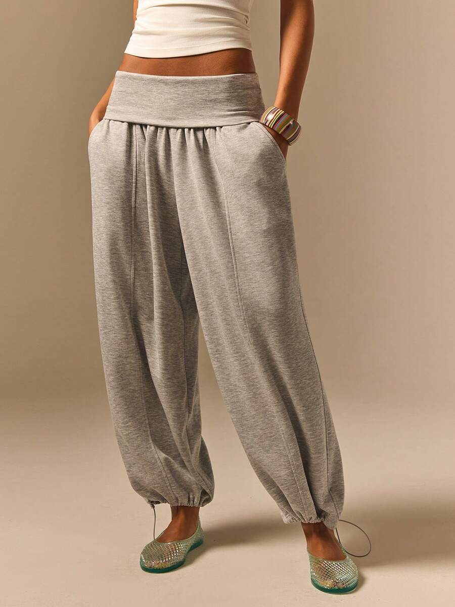 Athîral Women's Loose Fit Drawstring Cuffed Pocket Jogger Pants - Grey - View 1