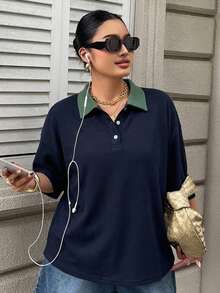 Dazy Plus 女款大尺碼拼色拼接條紋寬鬆 Polo 領中袖休閒夏季 T-shirt - 藏蓝色 - 查看 5