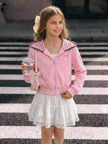 SHEIN Tween女孩蝴蝶結刺繡對比蕾絲連帽拉鍊秋季運動衫 - 粉色 - 查看 3