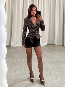 Aloruh 女款優雅通勤波點印花西裝外套 - 咖啡棕 - 查看 3