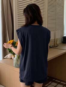 DAZY 純色極簡無袖上衣與短褲兩件套，夏季女款居家休閒套裝 - 藏蓝色 - 查看 2
