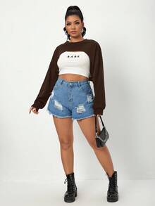 SHEIN EZwear Women's Plus Size Patchwork Long Sleeve Short Sweatshirt - Chocolate Brown - View 3