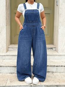 Rivivi Plus Size Women's Summer Curved Leg Denim Overalls Vacation Dusty Blue Casual Traditional Formal - Dark Wash - View 1