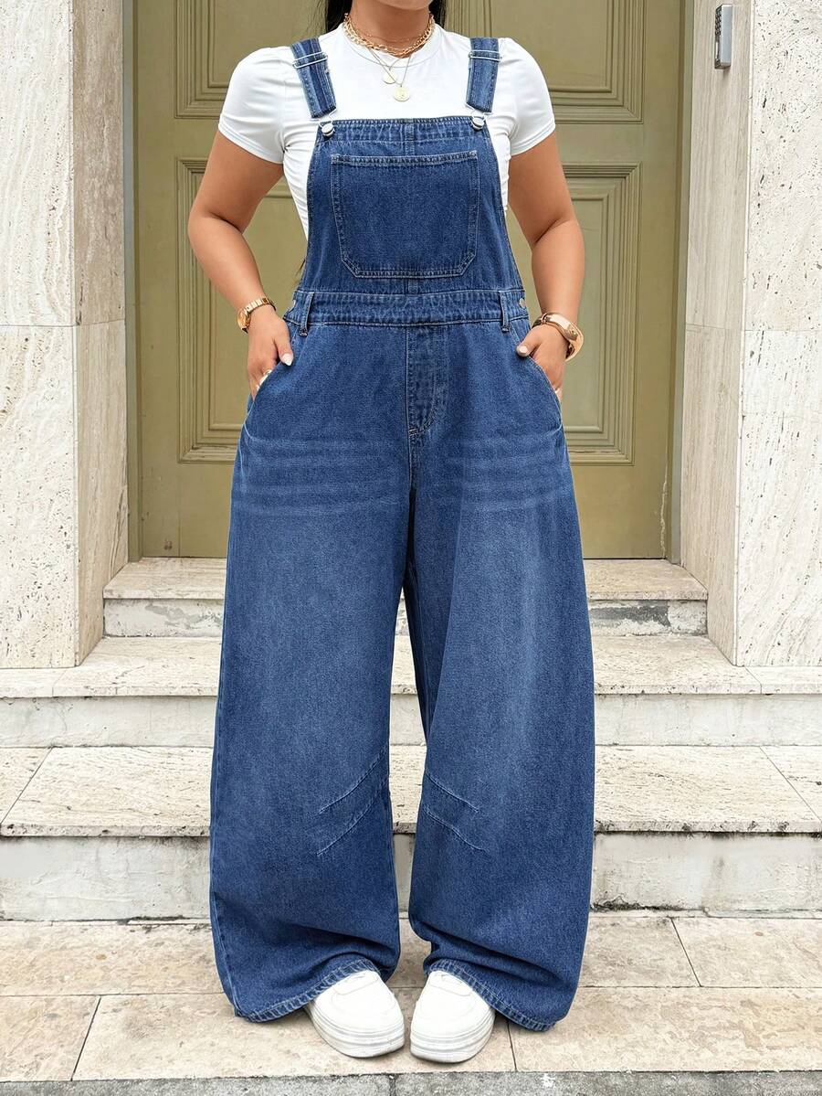 Rivivi Plus Size Women's Summer Curved Leg Denim Overalls Vacation Dusty Blue Casual Traditional Formal - Dark Wash - View 1