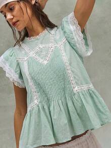 Bohemela 女款夏季浪漫度假法式波西米亞音樂節刺繡荷葉邊蕾絲拼接襯衫上衣，隨性休閒風格，夏季上衣，女款夏季穿搭，隨性放鬆穿衣風格，女款服裝，沙灘穿搭，夏季度假穿搭 - 薄荷綠 - 查看 8