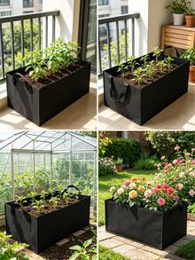 Black Rectangular Felt Grow Bag With Sturdy Handles, Thick Breathable Non-Woven Vegetable Growth Bag, Reusable Foldable Garden Nutrient Planter Bag For Balcony Patio Herbs Tomatoes - Black - View 2