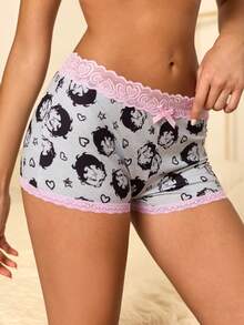 Betty Boop x SHEIN Women's Cartoon Print Lace Patchwork 3D Bow Decor Hipster Shorts - Grey - View 6