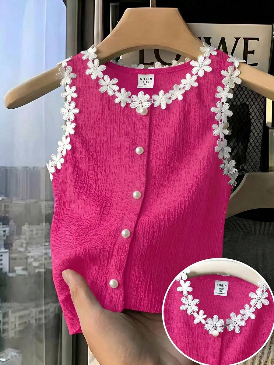 SHEIN Chaleco informal de niña con parches de unicolor, contraste de color y cinta floral tejida - Rosa Fucsia - Ver 1