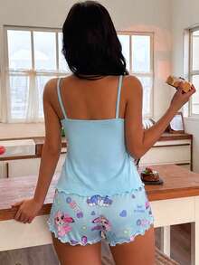 Softscene Cartoon Print Camisole & Shorts Pajama Set For Women - Multicolor - View 2