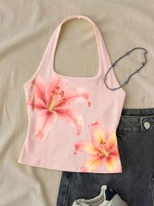 Top de tirantes largo blanco con cuello halter, estampado floral rosa vintage lindo y femenino, ajuste ceñido, estilo Y2K, atuendo de verano para vacaciones de niñas preadolescentes - Blanco - Ver 3
