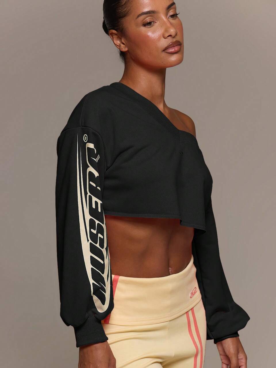 V Neck Slouchy Off The Shoulder Printed Graphic Cuffed Balloon Sleeve Cropped Sweatshirt Cute Everyday Daily Lounge Airport Holidays Summer Altitude
