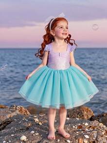 SHEIN Glamorique Kids 女嬰公主洋裝，藍色薄紗禮服，生日派對、婚禮假期舞會禮服，派對穿著，四季日常穿著，手工縫製珍珠，荷葉袖，亮片，歐式與中東風格 - 淺藍色 - 查看 3