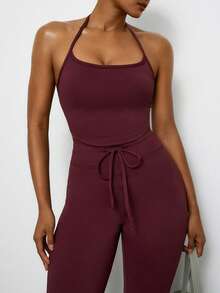 Voyena Plus Size Women Solid Color Halter Top And Drawstring Waist Flare Pants Casual Daily Sports Set - Burgundy - View 7