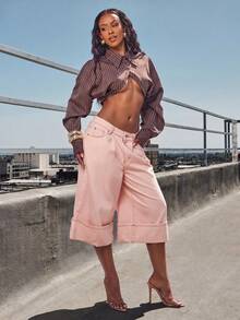 Denimoi Wide Leg Cuffed Denim Jorts Fashion Jeans Fashion Denim Summer Vacation Brunch - Baby Pink - View 5