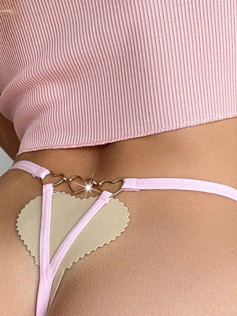 SHEIN 1件女款粉色心形金屬環性感丁字褲 - 粉色 - 查看 1