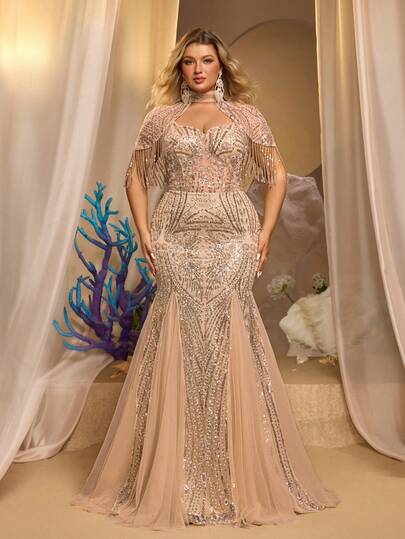 Glamrae Plus Size Elegant Luxurious Beaded Sequin Floral Embroidered Mesh Patchwork Mermaid Skirt With Jacket, Tassel Sleeves, Suitable For Wedding, Party, Bachelorette Party, Vacation, Dance, Evening Gala Dress (Heavy Workmanship)