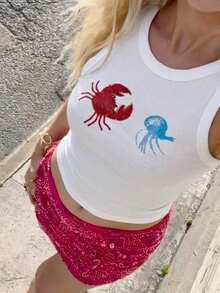 Attriella 夏季海洋螃蟹刺繡白色休閒度假海灘音樂節女款背心可愛上衣 - 白色 - 查看 5