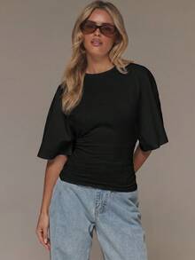 MUSERA Oversized Cinched Fitted Waist Tshirt Spring Summer Vacation Holiday Ibiza Boho Elegant Casual Everyday - Black - View 5