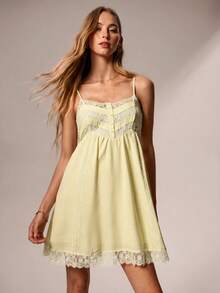 Willow Rêve Women's White And Yellow Lace Patchwork Spaghetti Strap Dress, Romantic Cottagecore Modest Vacation Style, Boho, Valentine's Day Picnic Brunch Summer - Light Yellow - View 2