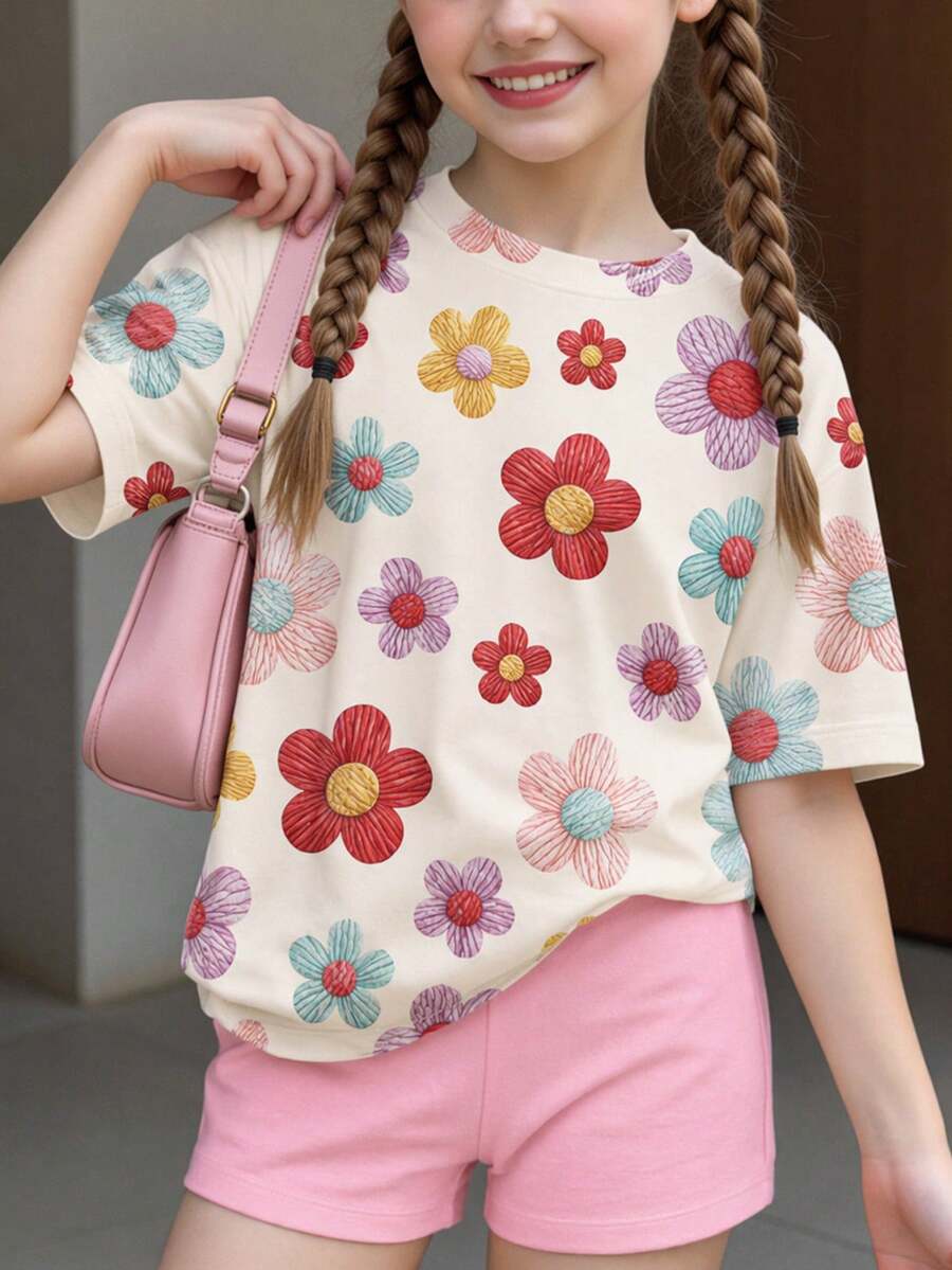 青少年女孩多巴胺亮粉色系復古甜美極簡可愛花卉圖案休閒短袖T恤與緊身短褲兩件套 - 彩色 - 查看 1
