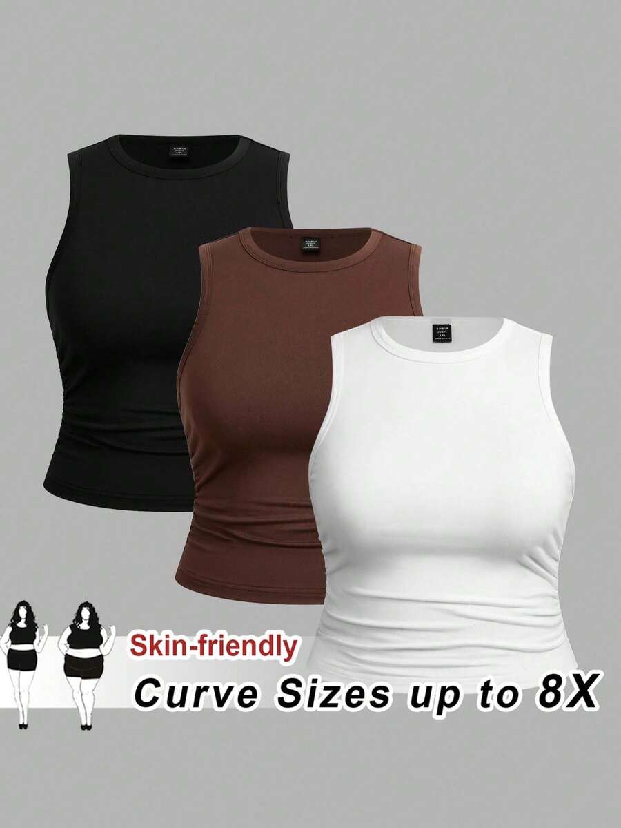 SHEIN CURVE+ 3件組大尺碼純色休閒圓領細肩帶背心上衣套裝,2026秋冬 22W - 彩色 - 查看 1