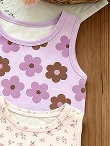 SHEIN (隨機6款，發貨1件)清新高端幼童女童紫色與白色條紋花卉簡約紫色蝴蝶結碎花亮片蝴蝶結彩色花卉圖案基礎背心，舒適夏季日常穿著 - 粉色 - 查看 6