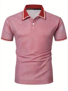 Manfinity Homme Kemeja Polo Pria Ukuran Besar dengan Motif Geometris dan Trim Kontras, Lengan Pendek, dan Kancing - Merah - View 5