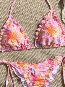 Swim Mod 2件套春夏沙滩度假随机印花荷叶边挂脖三角上衣和侧系带泳裤性感比基尼套装波西米亚风比基尼套装图案比基尼花卉比基尼套装夏季比基尼套装波西米亚风泳装阳光印花比基尼女士比基尼套装女士比基尼套装女士泳衣女士泳装两件套 - 彩色 - 查看 4