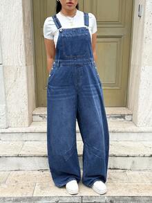 Rivivi Plus Size Women's Summer Curved Leg Denim Overalls Vacation Dusty Blue Casual Traditional Formal - Dark Wash - View 7