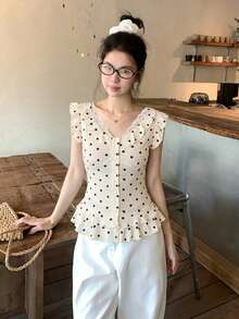DAZY 女款荷葉邊飾白色與黑色波點韓風浪漫性感夏季T恤，適合約會與日間穿著，可愛風格 - 白色 - 查看 3