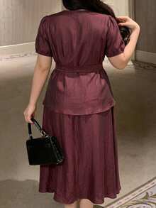 Dazy Plus Spring/Summer Women's Elegant Solid Color V-Neck Belted Shirt & A-Line Skirt 2-Piece Set, Plus Size - Burgundy - View 6