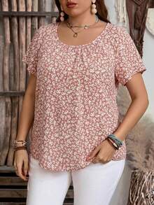 EMERY ROSE Plus Size Women All-Over Floral Print Short Sleeve Casual Shirt,Boho For Women/Summer Vacation Dusty Rose - Pink - View 5