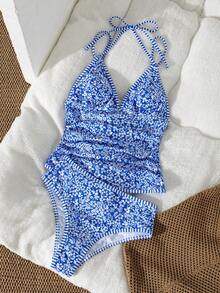 Swim Vcay Swim Lushoire 女款兩件式隨機花卉與條紋衝浪背心比基尼泳衣，附飾邊細節，花卉與條紋拼接高腰三角泳褲，春季度假泳裝套裝 - 彩色 - 查看 5