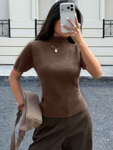 Siren Gaze 女款純色高領短袖羊毛針織上衣，夏季辦公室棕色系休閒基礎優雅款 - 駝色 - 查看 5