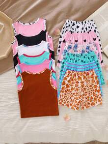 SHEIN [6pcs/2sets Randomly Young Girls Cartoon Print Short Sleeve Shorts Pajamas, Lightweight Summer Homewear, Suitable For Home, Outings And Various Occasions - Multicolor - View 2
