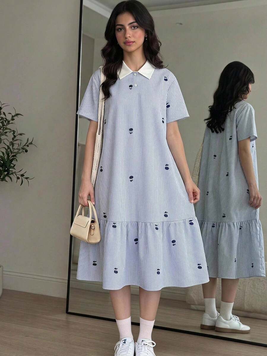兒童青少年女孩 Polo 領藍白條紋櫻桃印花短袖中長洋裝,對比荷葉領花瓣袖印花洋裝,適合學校、戶外活動、購物,前開鈕扣休閒學院風洋裝,返校穿搭 - 藍色 - 查看 1