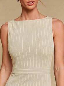 COSMINA Women's Elegant Striped Cinched Waist Mid-Length Dress, Versatile For Office, Commute And Everyday Wear, All Season - Apricot - View 4