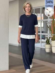 EMERY ROSE Middle-Aged And Elderly Women's Color-Block Patchwork Top And Long Pants Set Casual Summer Outfits For Women - Blue - View 8