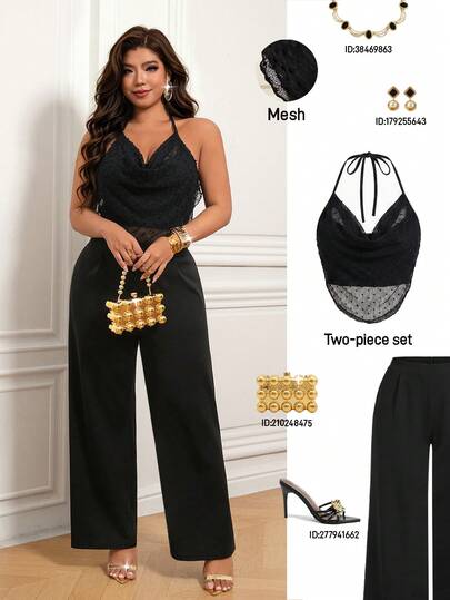 Femmeverse Bộ đồ nữ size lớn gợi cảm cổ đổ, áo cami, quần dài đen, phong cách tiệc tùng, đi biển, nghỉ hè, lễ Valentine, Carnival mùa hè mới